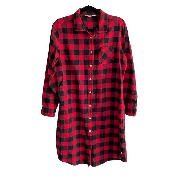 Woolrich Checked Flannel Button Front Long Sleeve Nightgown Black Red M - Picture 1 of 6